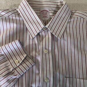 Brooks Brothers 1818 Mens Size 16 1/2 34 Shirt 100% Cotton Orange Blue Stripe